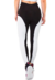 Calça legging fitness preta com detalhe lateral branco vista de trás, ideal para atividades físicas.