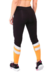 Calça legging preta com detalhes em amarelo e listras brancas, vista traseira, ideal para atividades físicas.