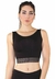 Top cropped fitness preto com detalhe elástico na parte inferior, modelo feminino.