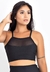 Cropped preto fitness com detalhe transparente, modelo feminino usando o top