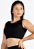 Cropped fitness preto com transparência, modelo feminino em pose estilizada.