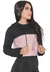 Casaco feminino de moletom suplex nas cores rosa e preto, com capuz e ajuste na cintura.