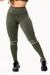 Calça legging fitness verde militar com detalhes em branco e cintura alta, ideal para atividades físicas.