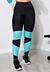 Calça legging cintura alta preta com detalhes em tela turquesa, ideal para atividades físicas.