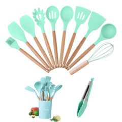 Set X12 de Utensilios de Silicona con Mango de Madera Verde Agua!