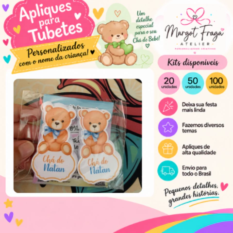 Apliques Chá de Bebê Ursinho Azul com Nome para Tubetes
