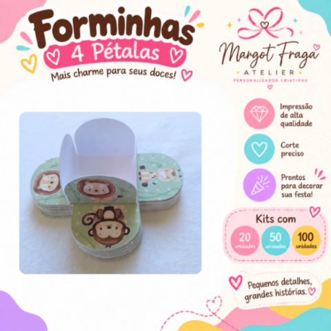 Forminhas 4 Pétalas para Doces Tema Safari – 20, 50 ou 100 Unidades