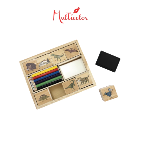 DINO SET DE SELLOS - 8 SELLOS + 6 LÁPICES + INKPAD NEGRO