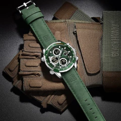 Imagen de NAVIFORCE Reloj Hombre Acero y Correa Cuero Verde - Doble Hora Analógico Digital