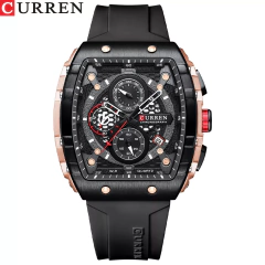 CURREN Reloj Hombre Casual Deportivo Black-Square Cronógrafo Acero Pulsera Visualización de Fecha