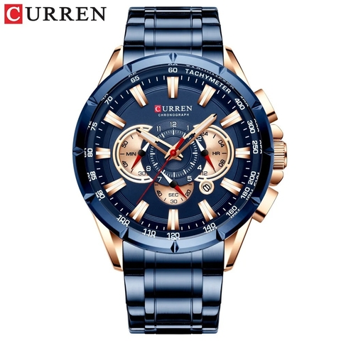 CURREN Reloj Hombre Blue Cronógrafo Acero Pulsera Visualización de Fecha