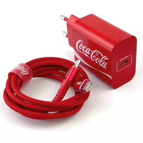 Kit carregamento Coca-Cola - Carregador com 1 saída USB-C PD 20W + Cabo USB-C- Vermelho