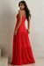 vestido longo vermelho em linho com detalhe em guipir e decote v - comprar online