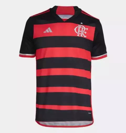Camisa Adidas Flamengo I 24/25 Torcedor Masculina nas cores vermelha e preta, com listras horizontais e logotipo do Flamengo, Camisa Adidas Flamengo 2025 - adulto, Camisa Adidas Flamengo 24/25, Torcedor Masculino, modelo torcedor, para homens, com escudo 