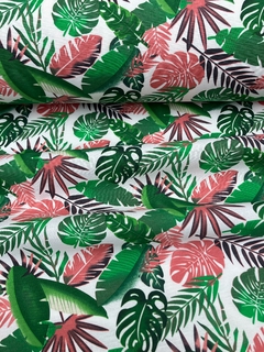 Lona Algodon estampado Hoja mostera verde y Salmon - comprar online
