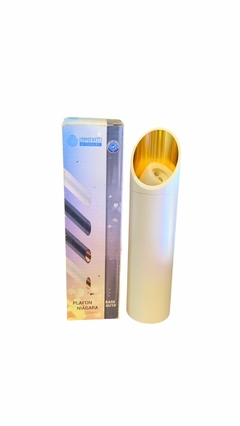 PLAFON CILINDRO NIÁGARA DE SOBREPOR, PARA LÂMPADAS DICROICA, COM BASE GU10, EXTERNO BRANCO E INTERNO DOURADO, 160mm
