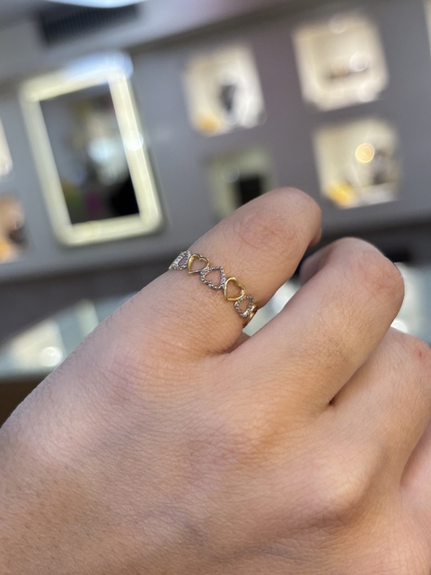 Anel Ouro 18k Corações com ródio