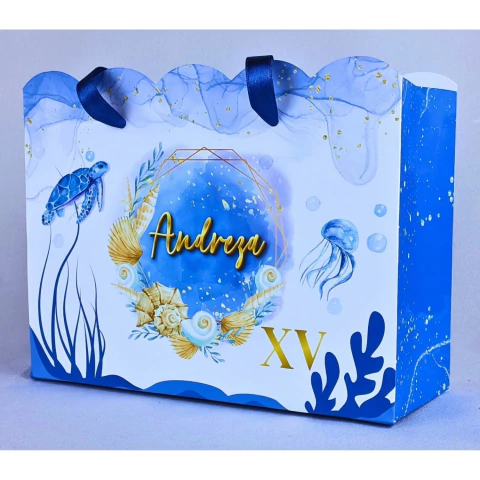 Sacola Fundo do Mar Azul Debutante Personalizada 16x19x7 Papel Offset 180g Com Alça - comprar online