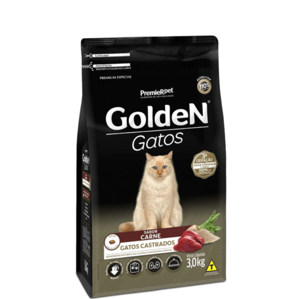 Ração Seca Golden Gatos Castrados Adultos Carne - 3Kg