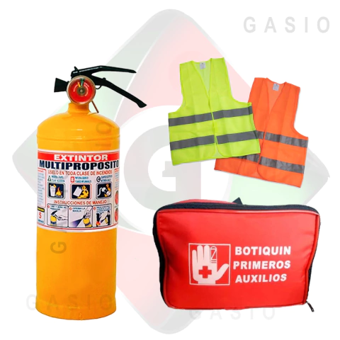 Combo de seguridad que incluye un extintor multipropósito ABC de 5 libras, un chaleco reflectivo de alta visibilidad y un botiquín reglamentario con 18 elementos, ideal para emergencias en oficinas, comercios e industrias.
