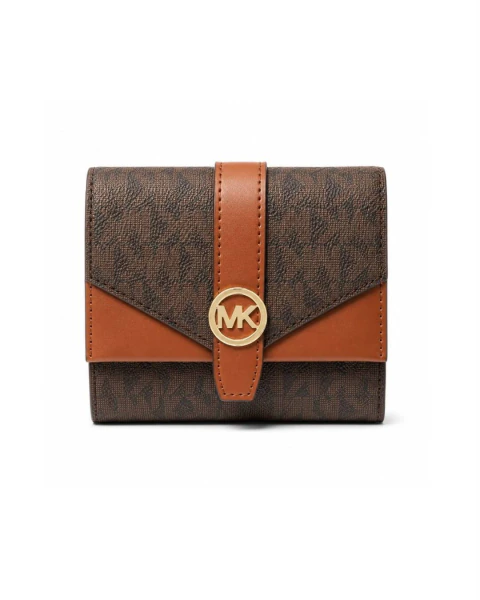 Carteira Tri-fold Michael Kors de Couro Marrom e Caramelo com Logotipo MK - comprar online