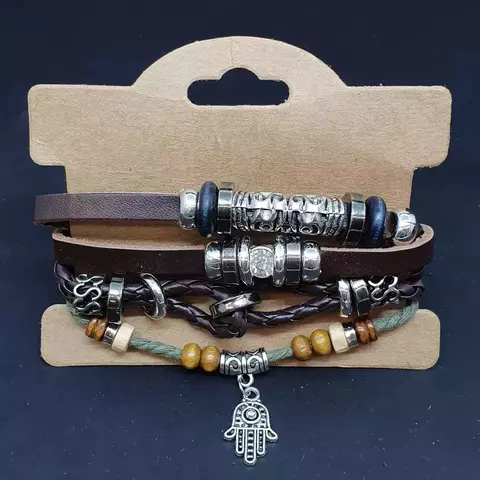 Bracelete Hamsá Couro e Pingentes Unissex