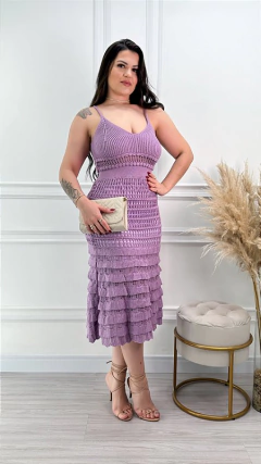 Vestido Tricot Rendado Babado Midi com Forro Elisa