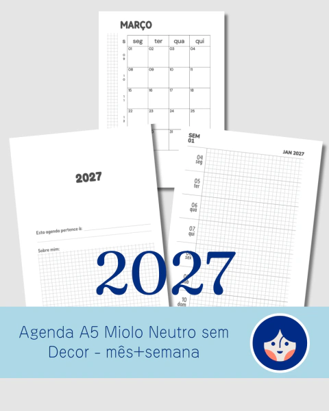 Agenda A5 Miolo Neutro sem Decor - mês+semana