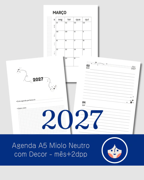 Agenda A5 Miolo 2027 Neutro Sem Decor Digital Mensal + 2dpp