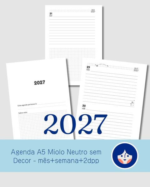 Agenda A5 Miolo Neutro sem Decor - mês+2dpp