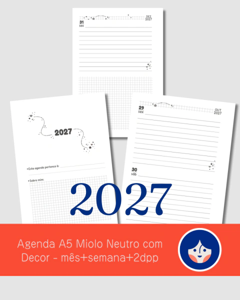 Agenda A5 Miolo Neutro com Decor - mês+semana+2dpp