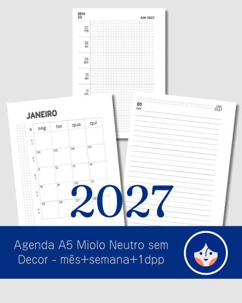 Agenda A5 Miolo Neutro sem Decor - mês+semana+1dpp