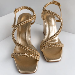 Sandália Allure Champagne Anabela 11 cm com Tiras Trabalhadas - loja online