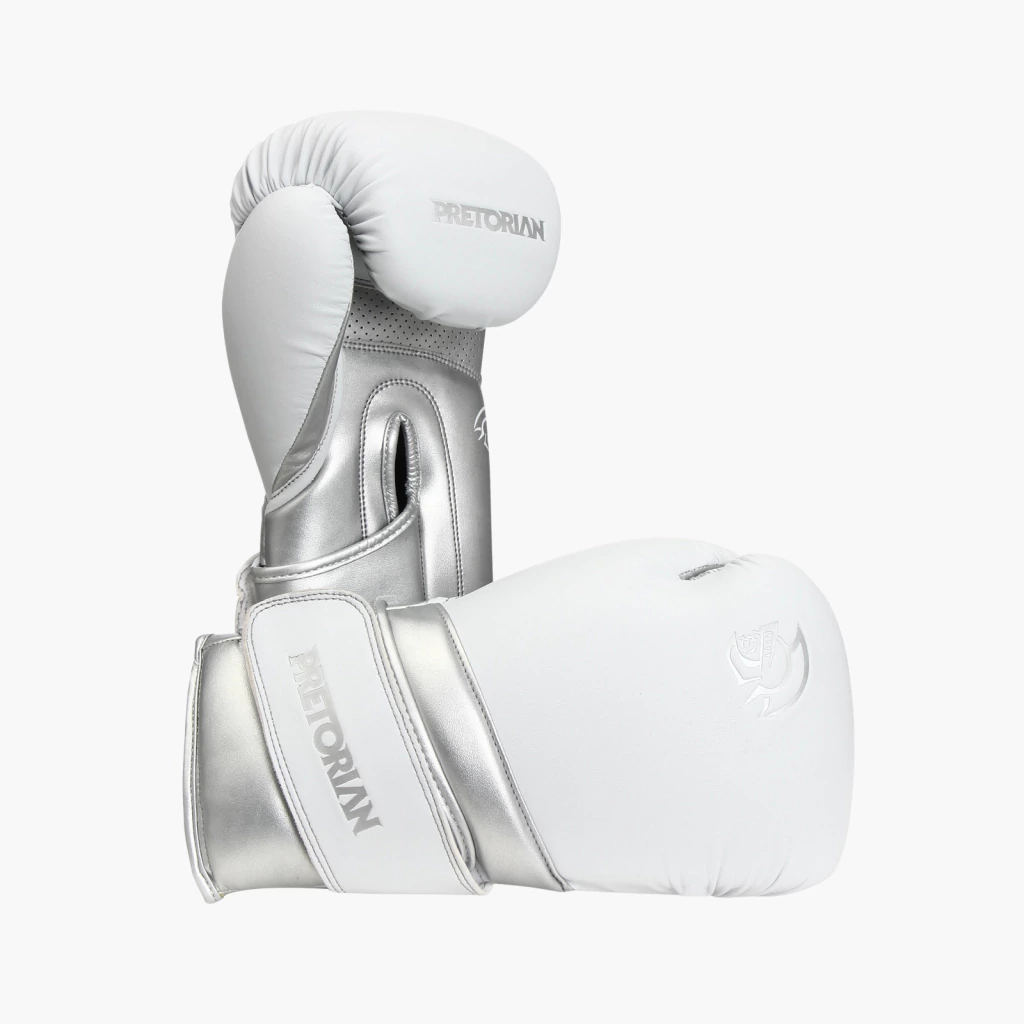 CONJUNTO LUVA BOXE/MUAY THAI ELITE UNIS CINZA CLARO PRETORIAN 14OZ