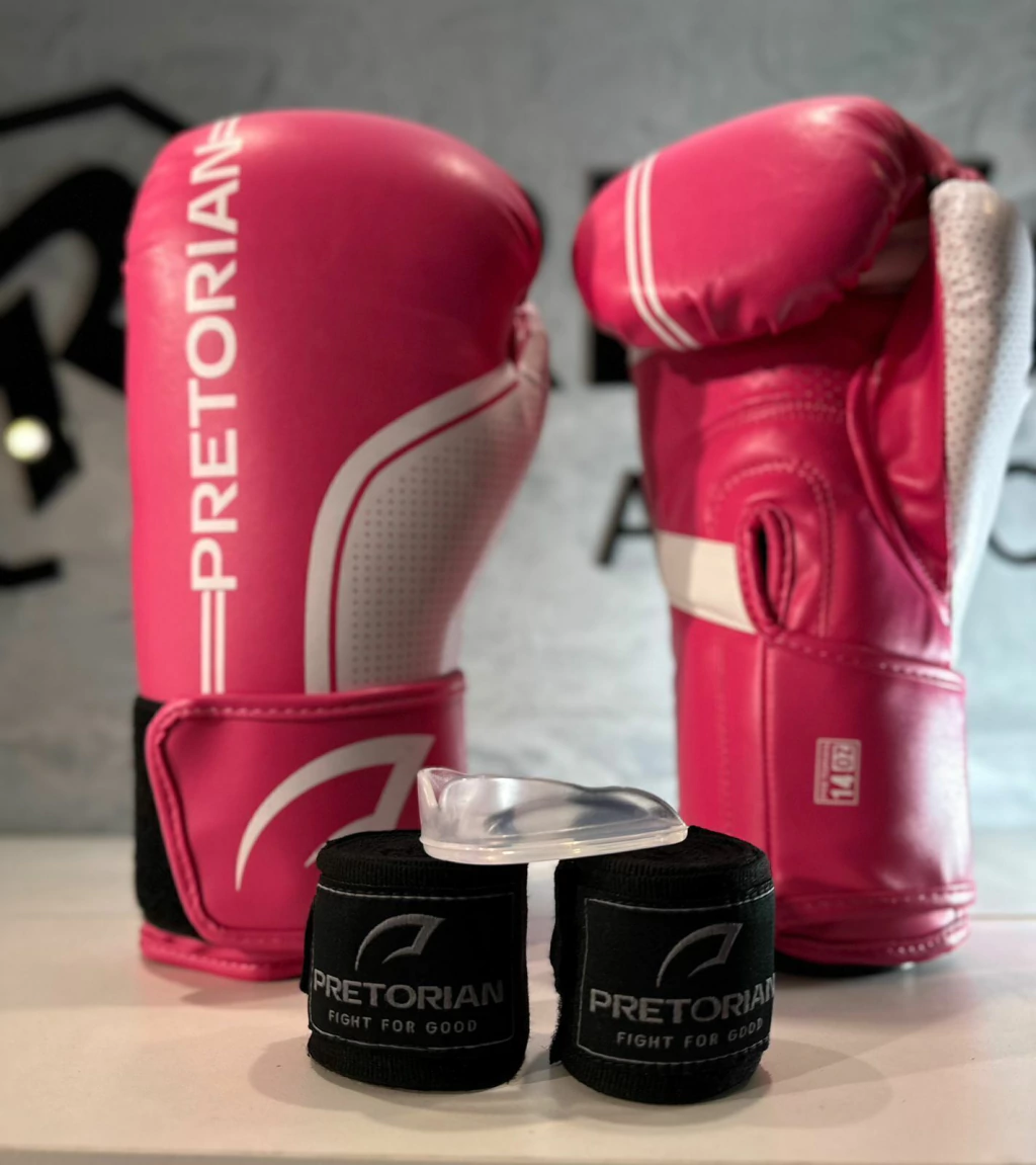 CONJUNTO LUVA BOXE/MUAY THAI FIRST FX1 FEM ROSA/BRANCO PRETORIAN 12OZ