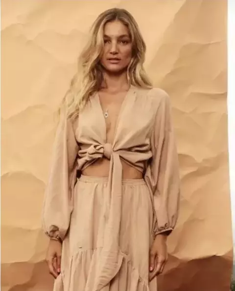 Cropped Amarração Manga Longa Bege Nilo