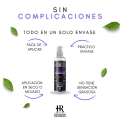 Botella de acondicionador sin enjuague para cabello dañado, con texto que resalta su fácil aplicación y beneficios.