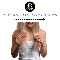 Comparativa de cabello dañado y reparado, mostrando resultados de acondicionador sin enjuague.