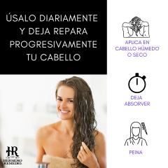Imagen promocional del acondicionador sin enjuague para reparar cabello dañado, mostrando instrucciones de uso.