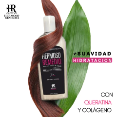 Botella de shampoo "Hermoso Remedio" para mujeres, diseñada para el crecimiento anticaida y reparación capilar, con ingredientes como biotina, queratina y colágeno.