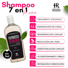 Botella de shampoo "Hermoso Remedio" para mujer, 250ml, destacando sus beneficios para el crecimiento anticaida y reparación capilar.