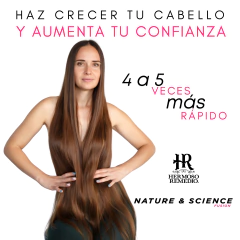 Modelo con cabello largo y brillante, promocionando shampoo hermoso remedio para crecimiento capilar y combate de la alopecia.