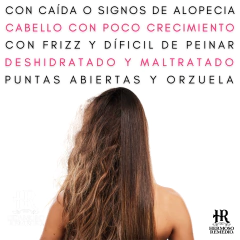 Imagen de cabello dañado con frizz y puntas abiertas, mostrando signos de alopecia y poco crecimiento.
