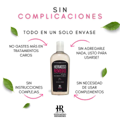 Botella de shampoo hermoso remedio para crecimiento anticaida y reparación capilar para mujer, con diseño que resalta su efectividad y facilidad de uso.