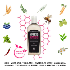 Botella de shampoo para crecimiento capilar y evitar caida de cabello femenino con extractos naturales y sin sal ni parabenos.