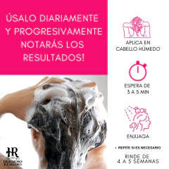 Persona aplicando shampoo hermoso remedio en el cabello, con instrucciones sobre su uso diario y progresivo para combatir la caída del cabello.