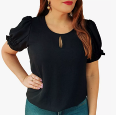 Blusa Manga Bufante Princesa Social Feminina Preta - Estilo Márcia