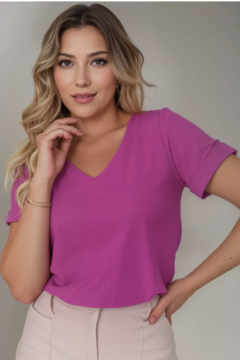 Blusa Feminina Social Duna Decote V Manga Curta - Fúcsia - loja online