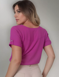 Blusa Feminina Social Duna Decote V Manga Curta - Fúcsia - Estilo Márcia