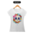 Camiseta branca com estampa de caveira kawaii, decorada com flores coloridas e um laço rosa.